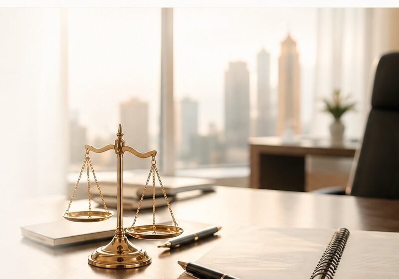 Рабочий стол юриста по разводам — золотые весы правосудия, документы, вид на город